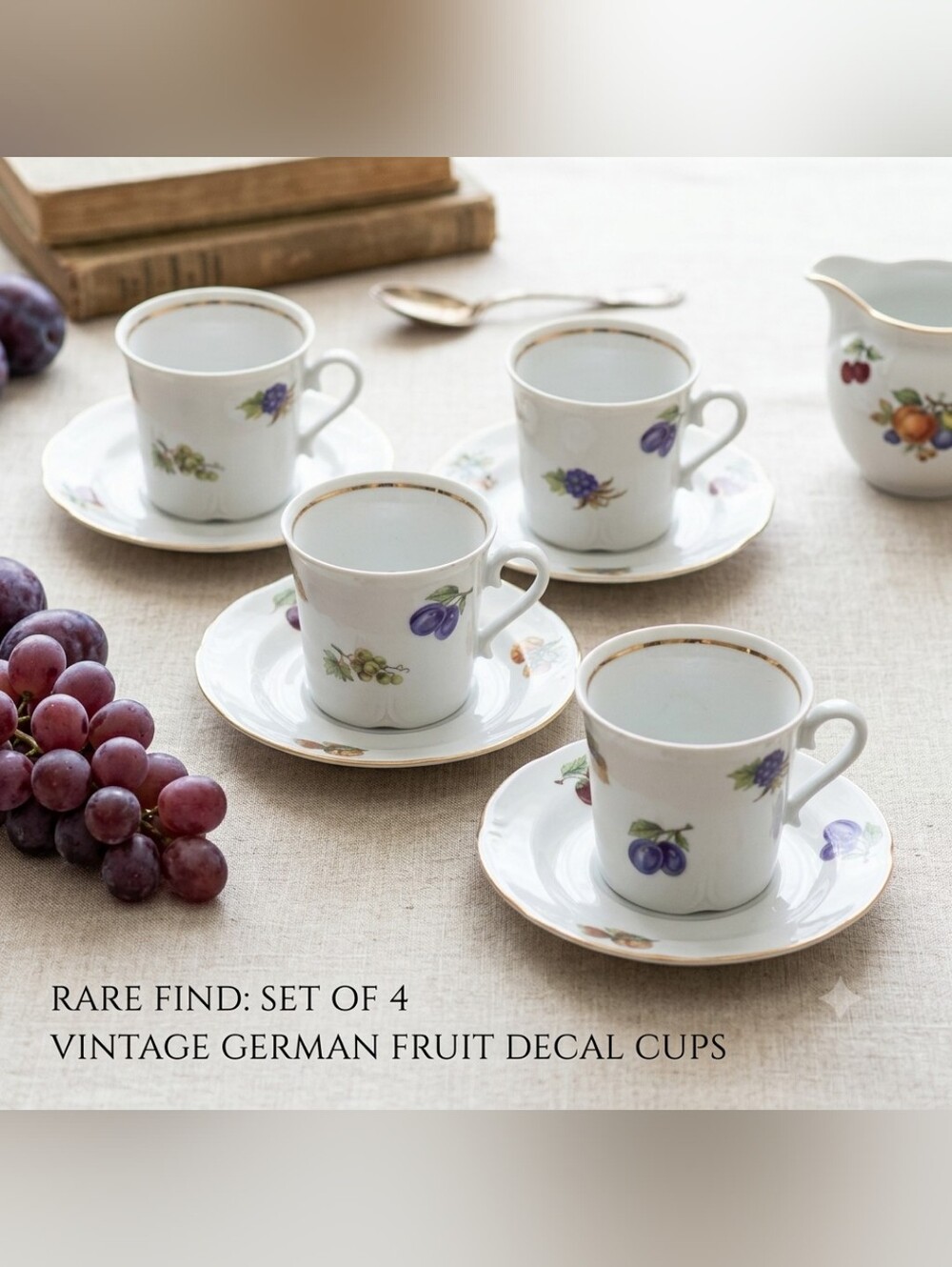 Vintage East German Fruit Teacup & Saucer Set Of 4